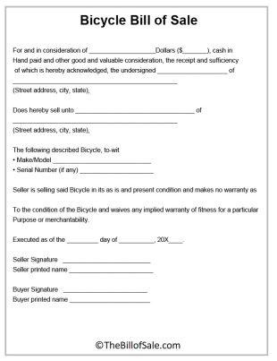 Bicycle Bill of Sale Template