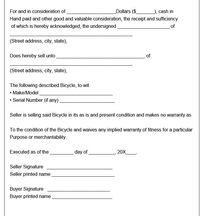 Bicycle Bill of Sale Template